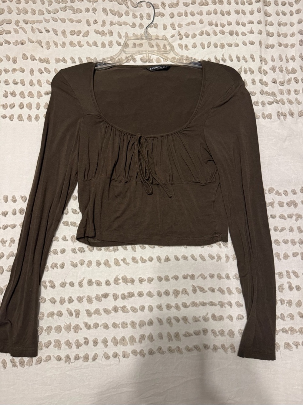 SHEIN Brown Long Sleeve Cropped Scoop Neck Top with Front Tie